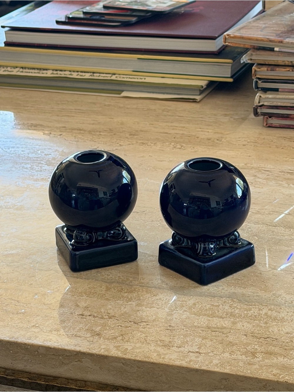 Fiestaware Cobalt Blue Round Ceramic Candleholders - Pair stands 4 inches tall - Picture 2 of 6